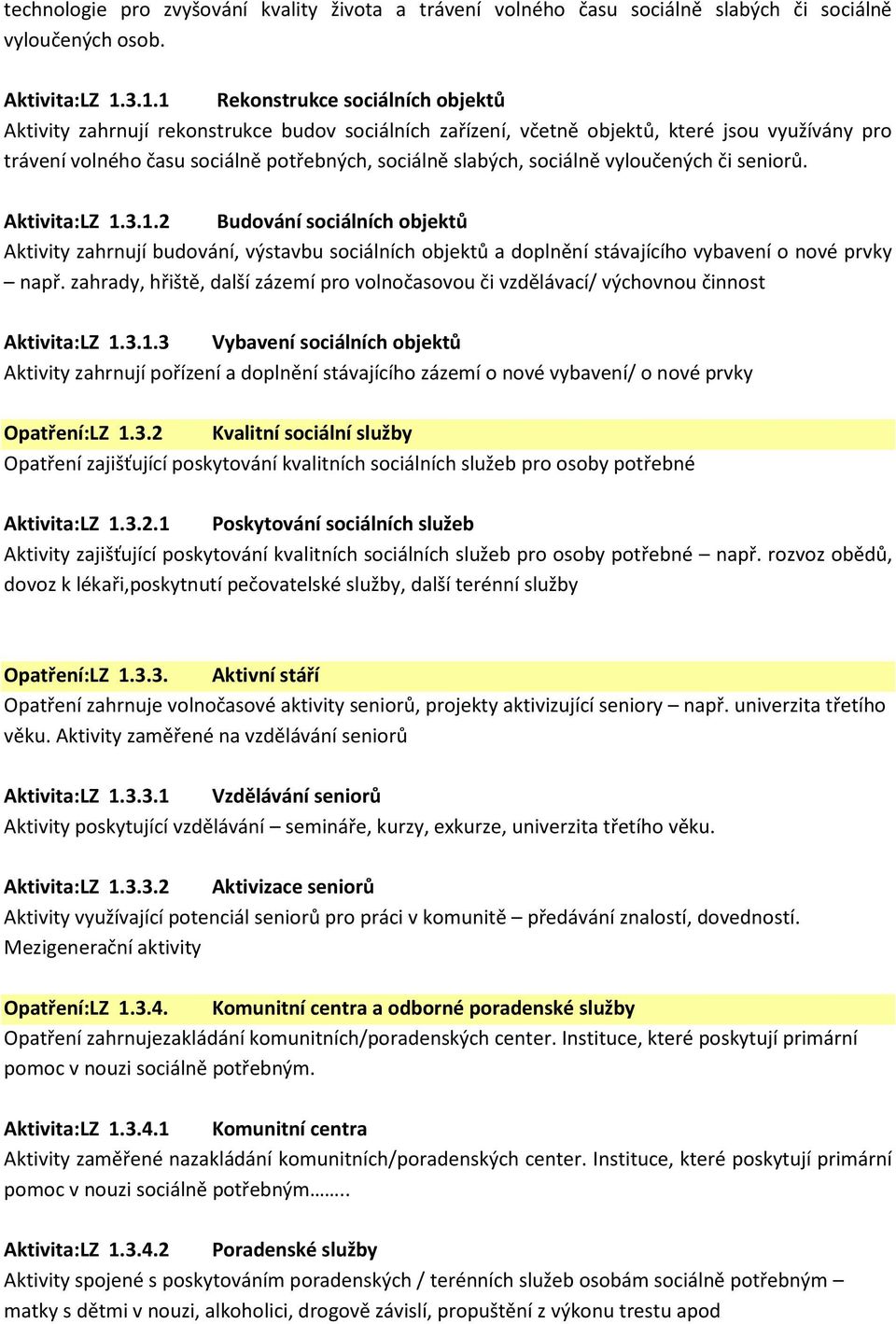 sociálně vyloučených či seniorů. Aktivita:LZ 1.3.1.2 Budování sociálních objektů Aktivity zahrnují budování, výstavbu sociálních objektů a doplnění stávajícího vybavení o nové prvky např.