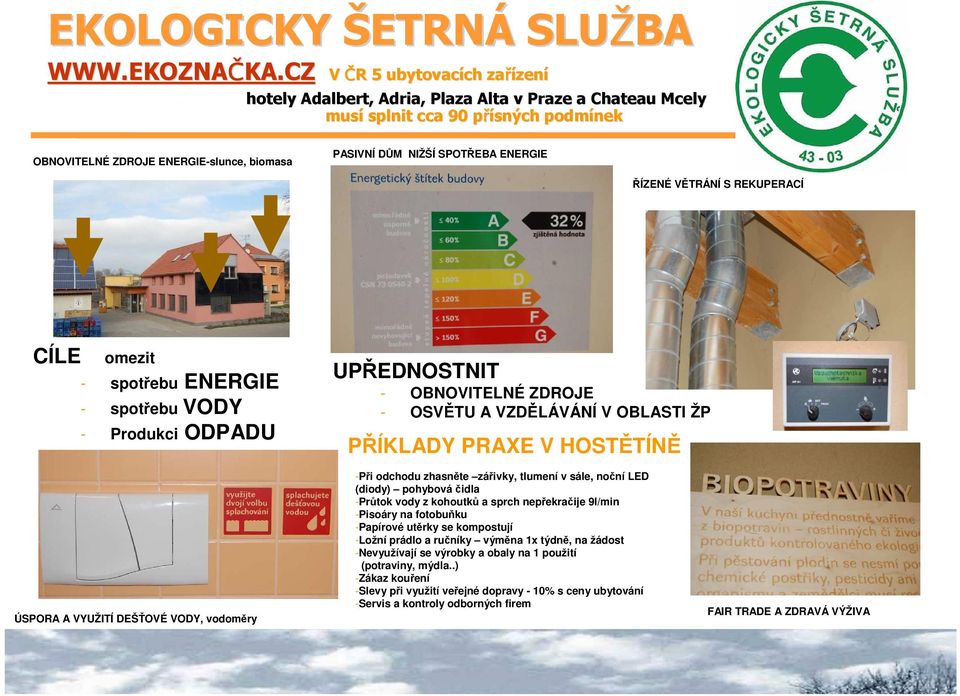 SPOTŘEBA ENERGIE ŘÍZENÉ VĚTRÁNÍ S REKUPERACÍ CÍLE omezit - spotřebu ENERGIE - spotřebu VODY - Produkci ODPADU UPŘEDNOSTNIT - OBNOVITELNÉ ZDROJE - OSVĚTU A VZDĚLÁVÁNÍ V OBLASTI ŽP PŘÍKLADY PRAXE V