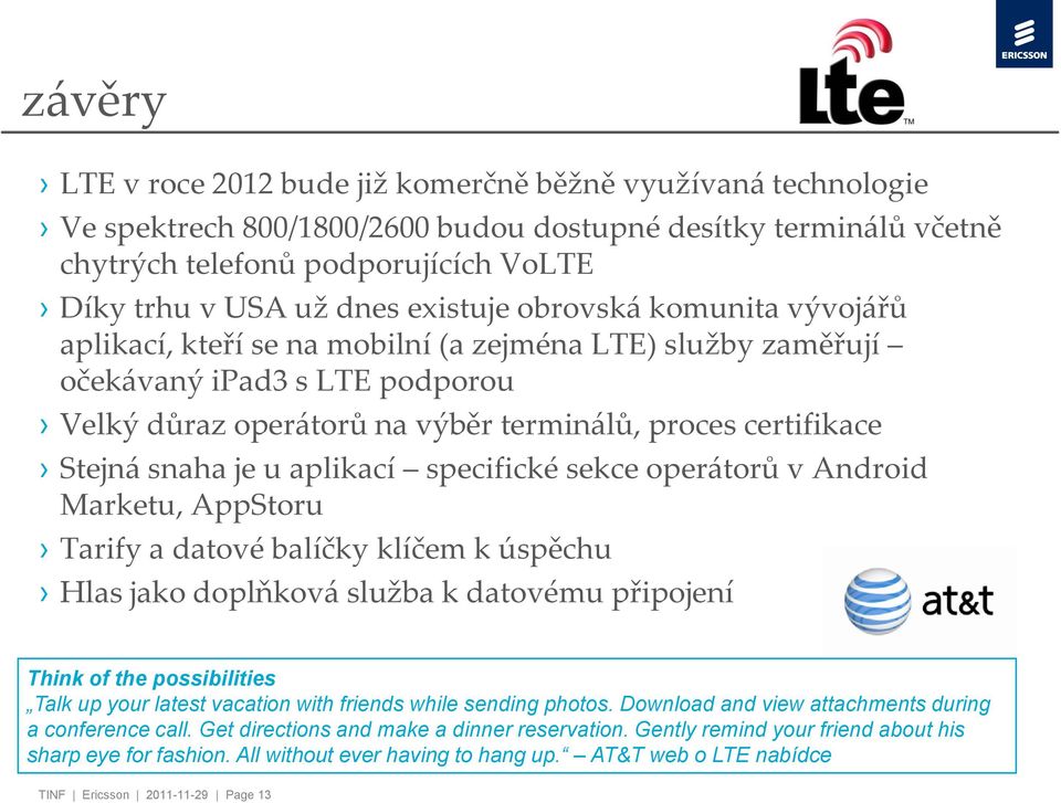 snaha je u aplikací specifické sekce oper{torů v Android Marketu, AppStoru Tarify a datové balíčky klíčem k úspěchu Hlas jako doplňkov{ služba k datovému připojení Think of the possibilities Talk up