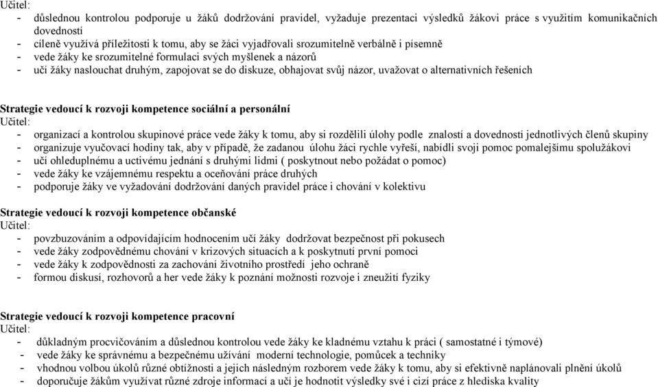 alternativních řešeních Strategie vedoucí k rozvoji kompetence sociální a personální Učitel: - organizací a kontrolou skupinové práce vede žáky k tomu, aby si rozdělili úlohy podle znalostí a