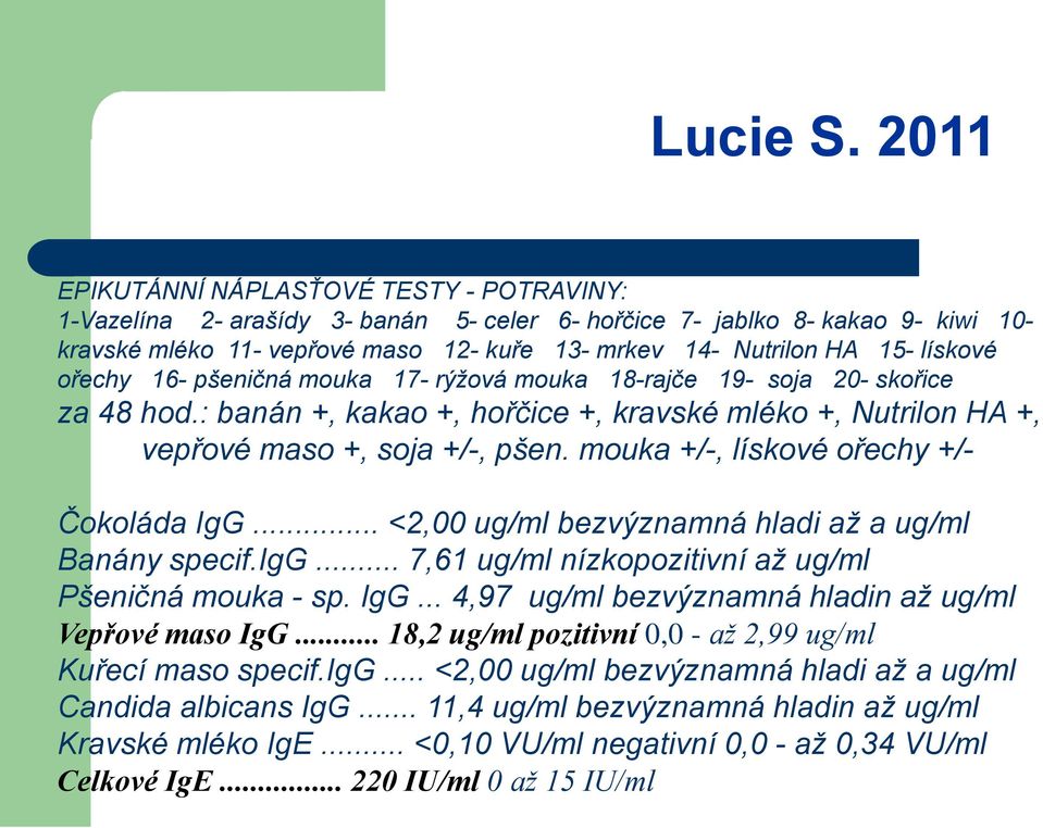 lískové ořechy 16- pšeničná mouka 17- rýžová mouka 18-rajče 19- soja 20- skořice za 48 hod.: banán +, kakao +, hořčice +, kravské mléko +, Nutrilon HA +, vepřové maso +, soja +/-, pšen.