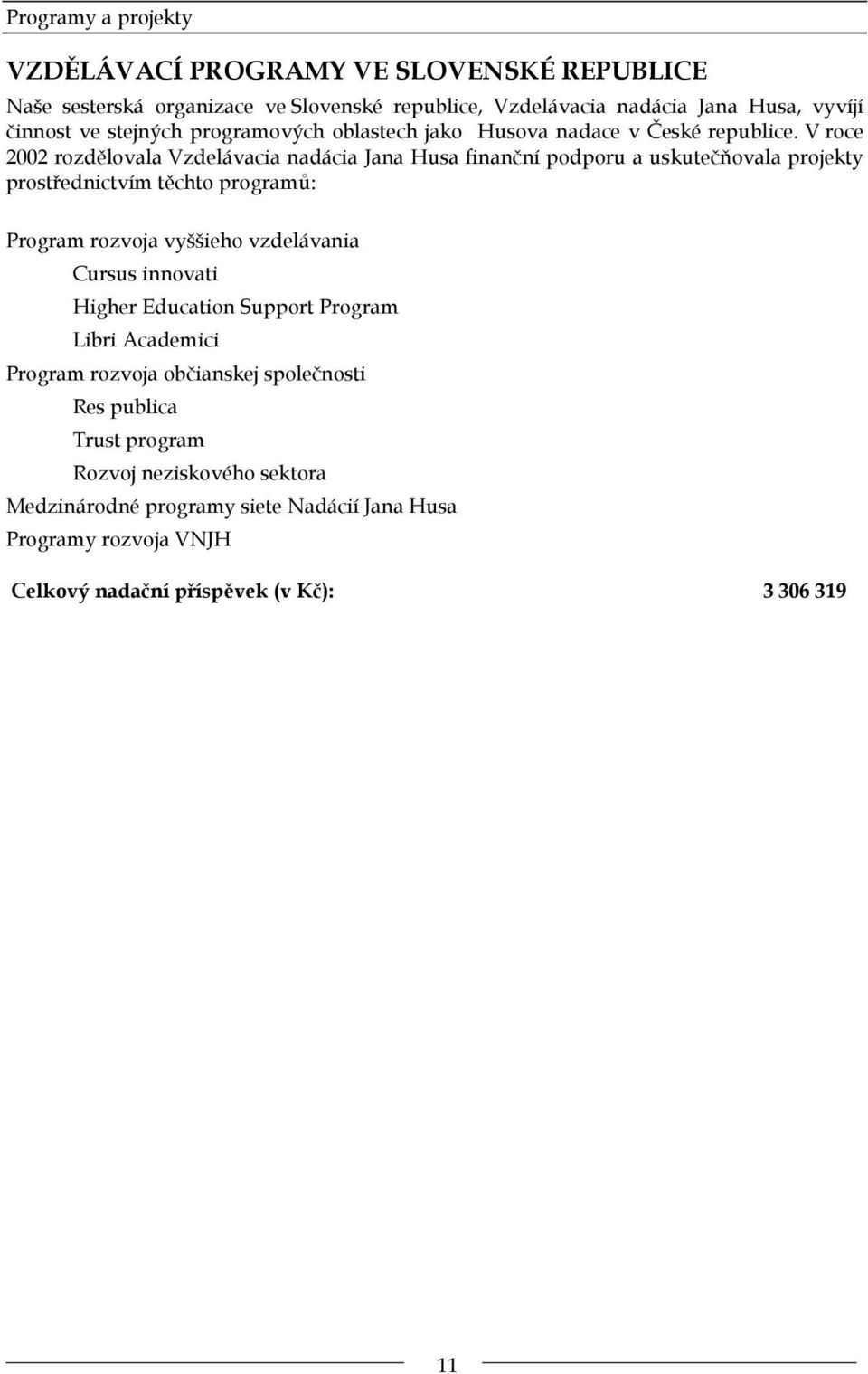 V roce 2002 rozdělovala Vzdelávacia nadácia Jana Husa finanční podporu a uskutečňovala projekty prostřednictvím těchto programů: Program rozvoja vyššieho vzdelávania