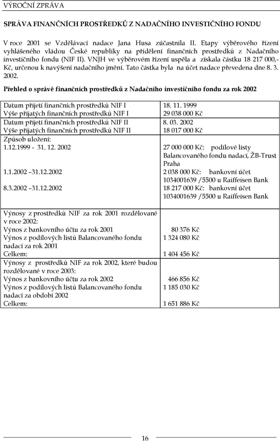 VNJH ve výběrovém řízení uspěla a získala částku 18 217 000,- Kč, určenou k navýšení nadačního jmění. Tato částka byla na účet nadace převedena dne 8. 3. 2002.