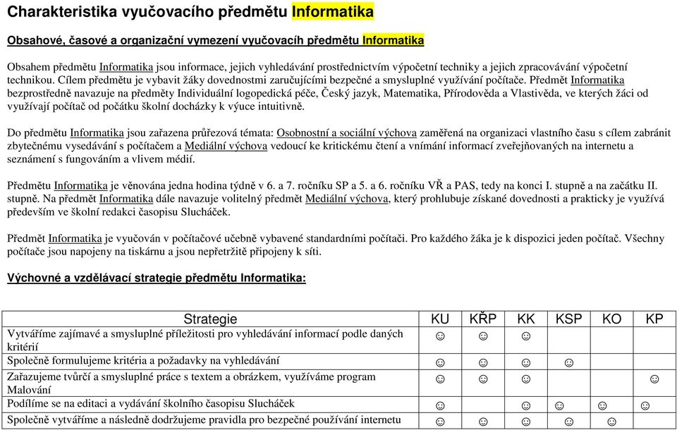 Předmět Informatika bezprostředně navazuje na předměty Individuální logopedická péče, Český jazyk, Matematika, Přírodověda a Vlastivěda, ve kterých žáci od využívají počítač od počátku školní