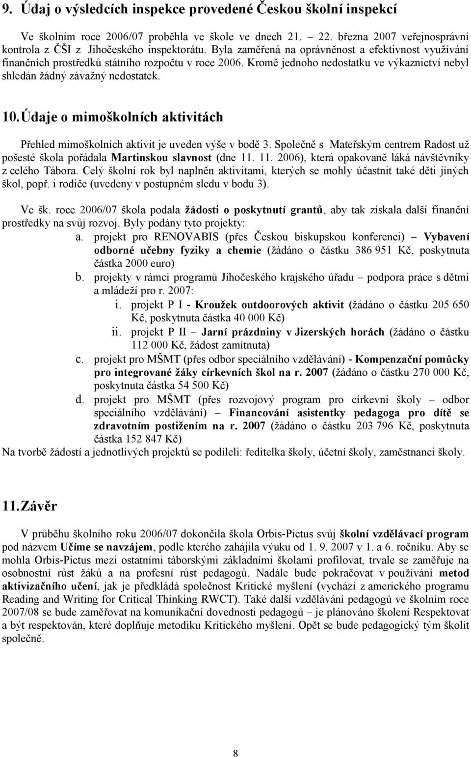 Údaje o mimoškolních aktivitách Přehled mimoškolních aktivit je uveden výše v bodě 3. Společně s Mateřským centrem Radost už pošesté škola pořádala Martinskou slavnost (dne 11.