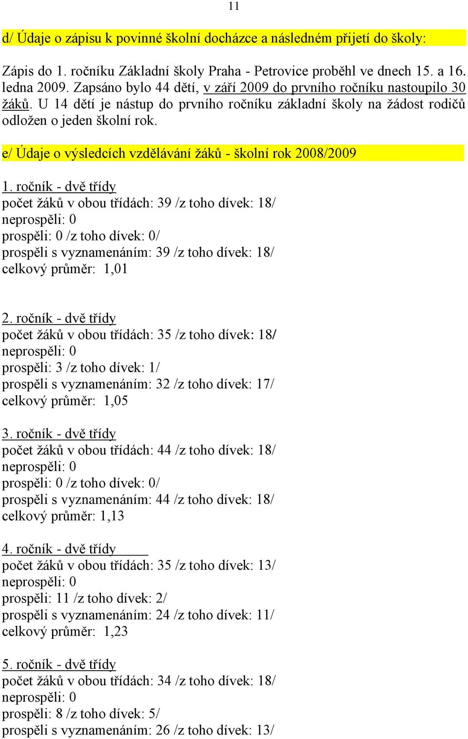 e/ Údaje o výsledcích vzdělávání ţáků - školní rok 2008/2009 1.