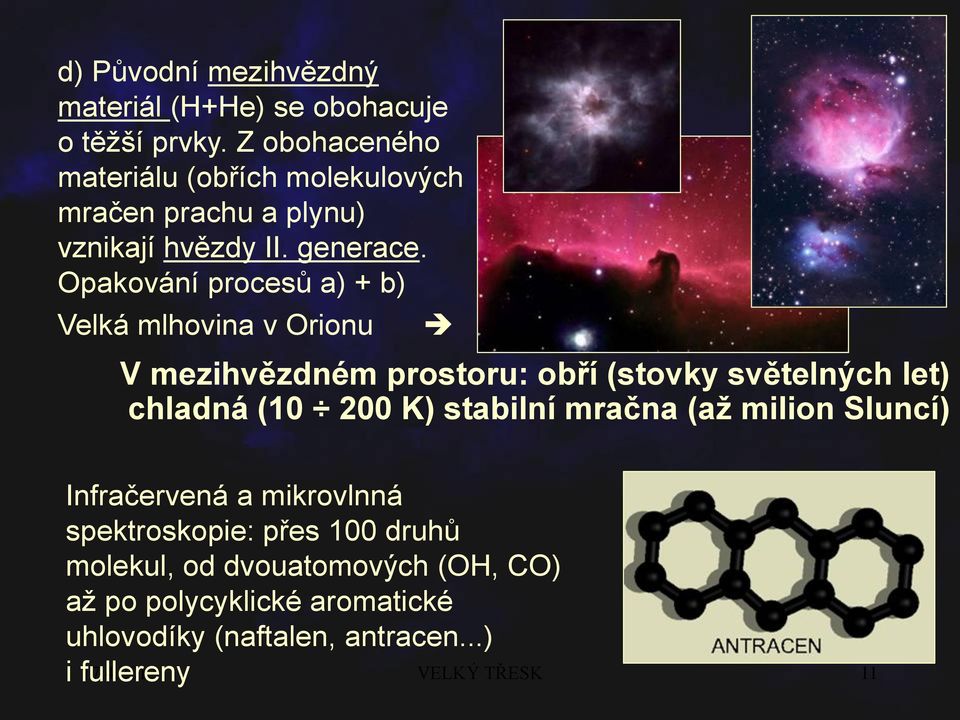 Opakování procesů a) + b) Velká mlhovina v Orionu V mezihvězdném prostoru: obří (stovky světelných let) chladná (10 200 K)