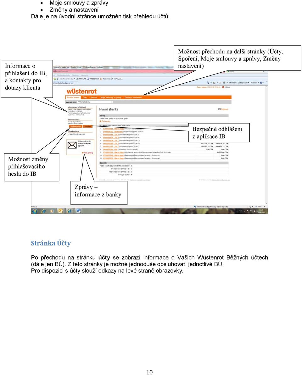 nastavení) Bezpečné odhlášení z aplikace IB Možnost změny přihlašovacího hesla do IB Zprávy informace z banky Stránka Účty Po přechodu na