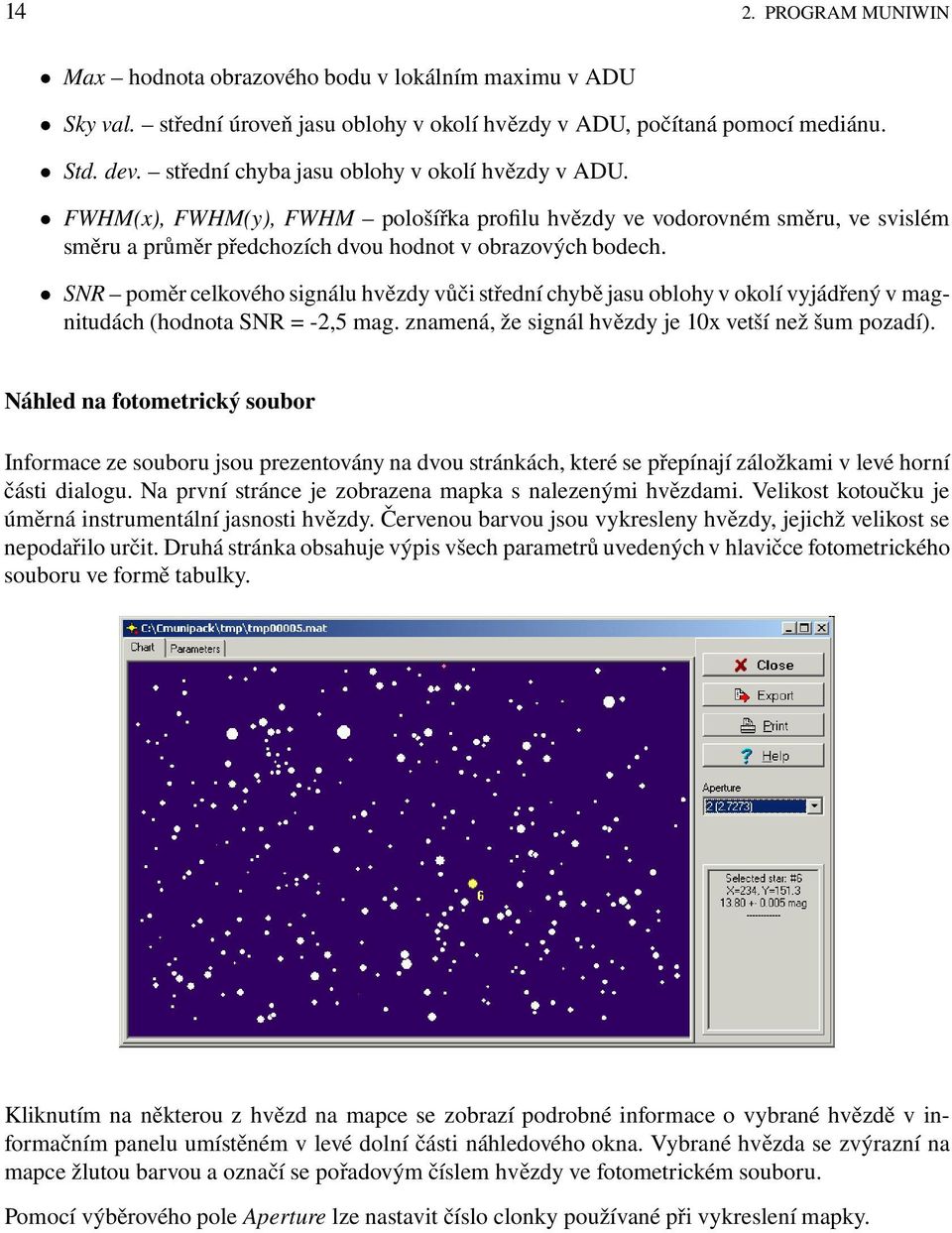 SNR poměr celkového signálu hvězdy vůči střední chybě jasu oblohy v okolí vyjádřený v magnitudách (hodnota SNR = -2,5 mag. znamená, že signál hvězdy je 10x vetší než šum pozadí).