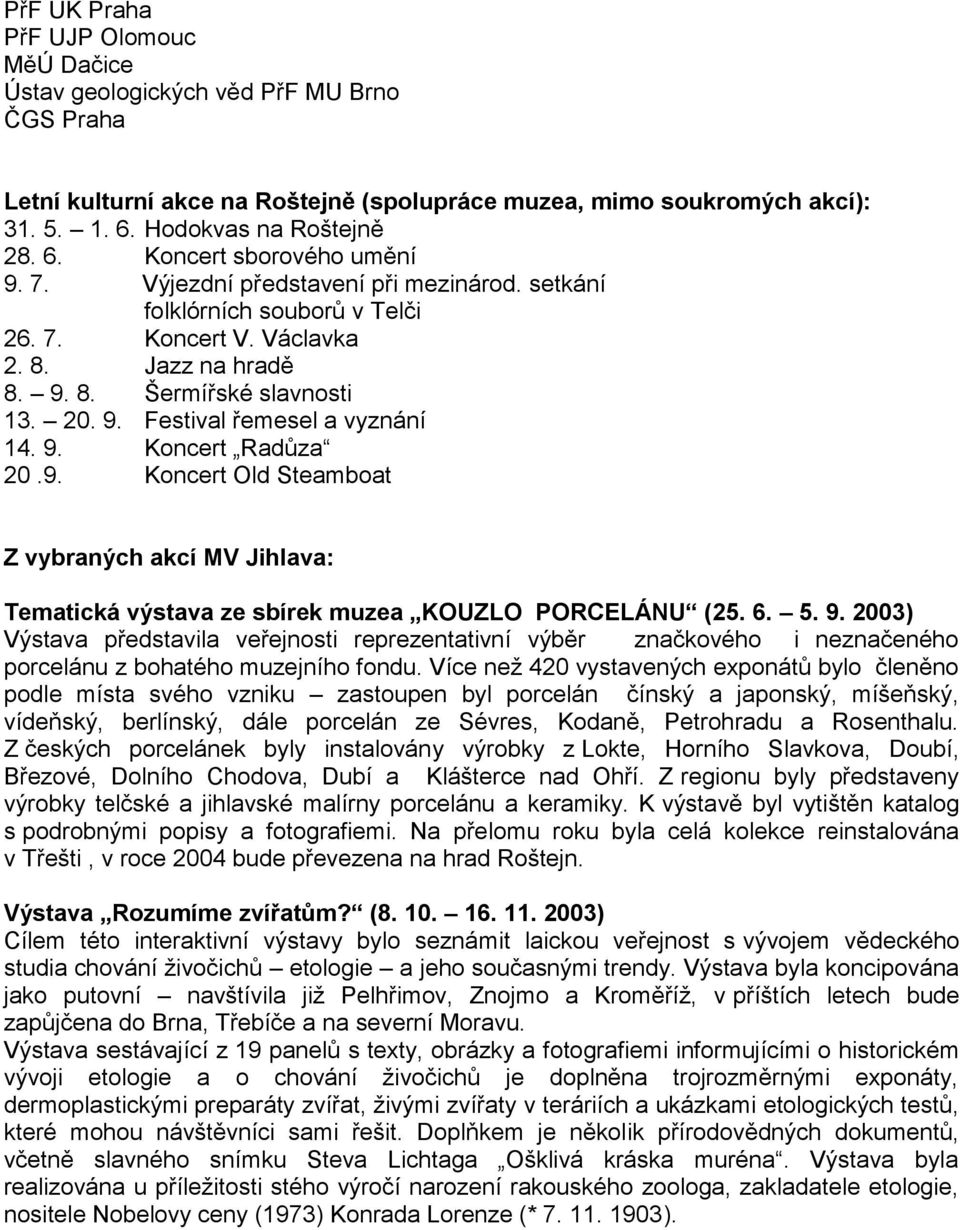 9. Koncert Old Steamboat Z vybraných akcí MV Jihlava: Tematická výstava ze sbírek muzea KOUZLO PORCELÁNU (25. 6. 5. 9.