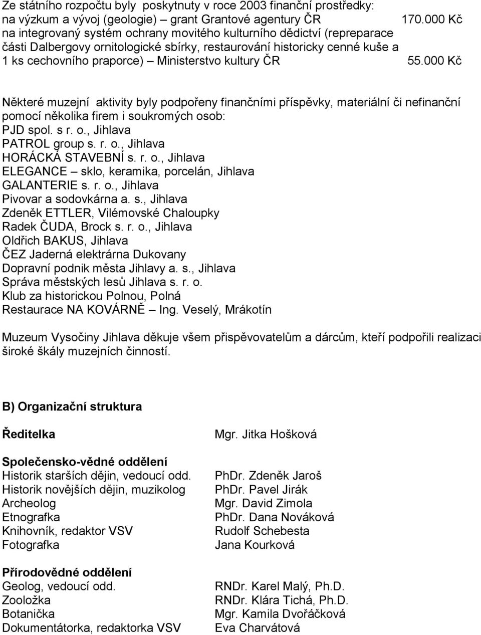 kultury ČR 55.000 Kč Některé muzejní aktivity byly podpořeny finančními příspěvky, materiální či nefinanční pomocí několika firem i soukromých osob: PJD spol. s r. o., Jihlava PATROL group s. r. o., Jihlava HORÁCKÁ STAVEBNÍ s.