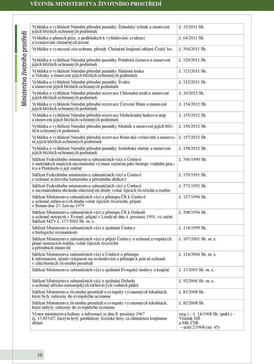 přírodní památky Polabská černava a stanovení č 320/2011 Sb jejích bližších ochranných podmínek Vyhláška o vyhlášení Národní přírodní památky Slatinná louka č 321/2011 Sb u Velenky a stanovení jejích