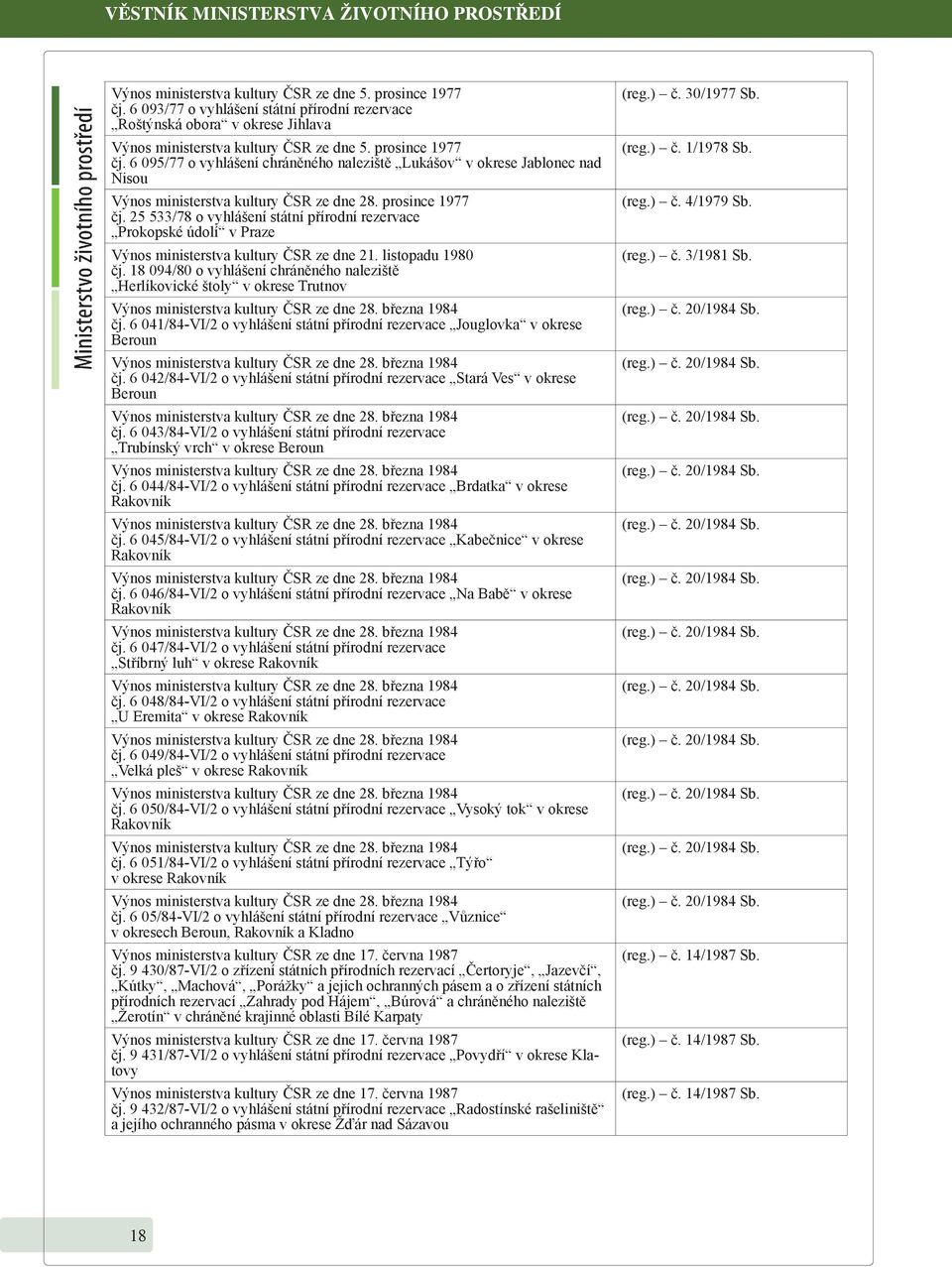 státní přírodní rezervace Prokopské údolí v Praze Výnos ministerstva kultury ČSR ze dne 21 listopadu 1980 čj 18 094/80 o vyhlášení chráněného naleziště Herlíkovické štoly v okrese Trutnov Výnos