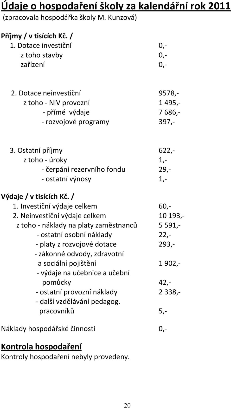 Ostatní příjmy 622, z toho úroky 1, čerpání rezervního fondu 29, ostatní výnosy 1, Výdaje / v tisících Kč. / 1. Investiční výdaje celkem 60, 2.