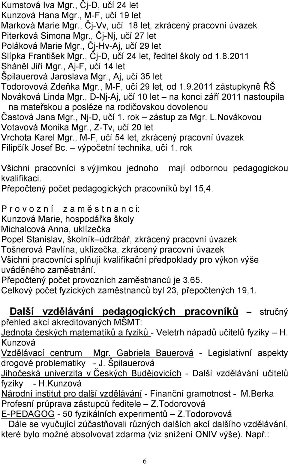 , M-F, učí 29 let, od 1.9.2011 zástupkyně ŘŠ Nováková Linda Mgr., D-Nj-Aj, učí 10 let na konci září 2011 nastoupila na mateřskou a posléze na rodičovskou dovolenou Častová Jana Mgr., Nj-D, učí 1.