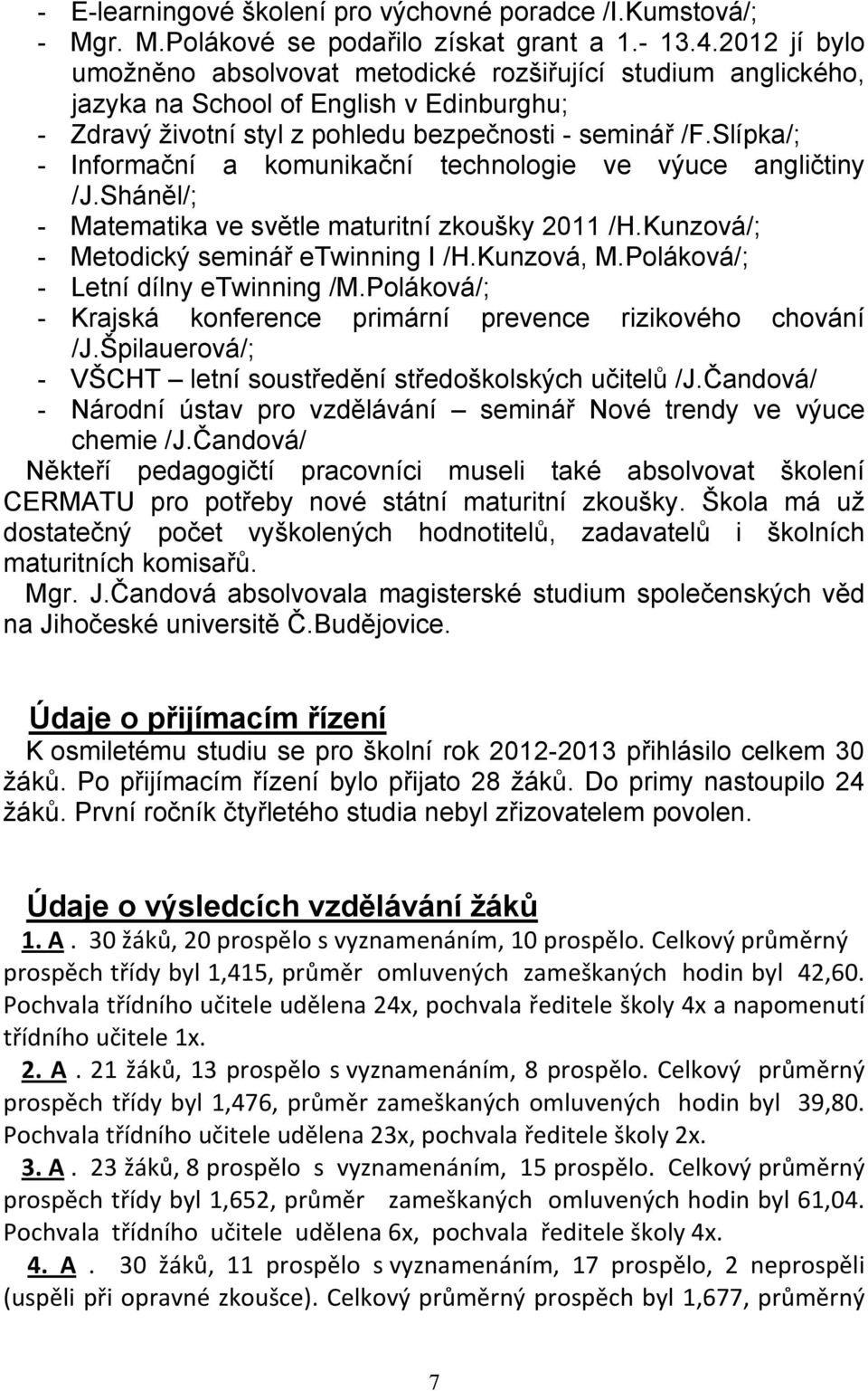 Slípka/; - Informační a komunikační technologie ve výuce angličtiny /J.Sháněl/; - Matematika ve světle maturitní zkoušky 2011 /H.Kunzová/; - Metodický seminář etwinning I /H.Kunzová, M.