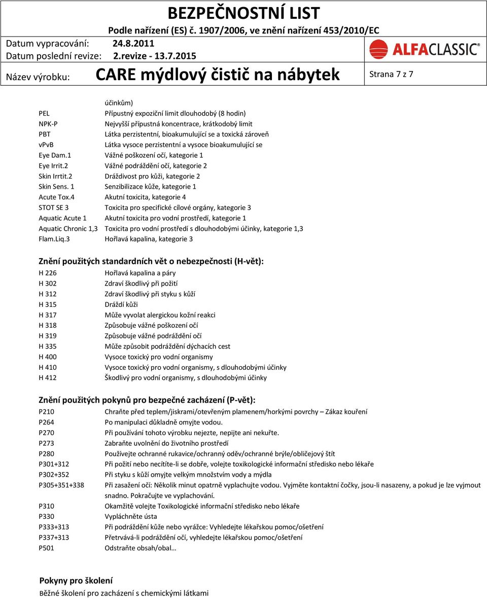 2 Dráždivost pro kůži, kategorie 2 Skin Sens. 1 Senzibilizace kůže, kategorie 1 Acute Tox.