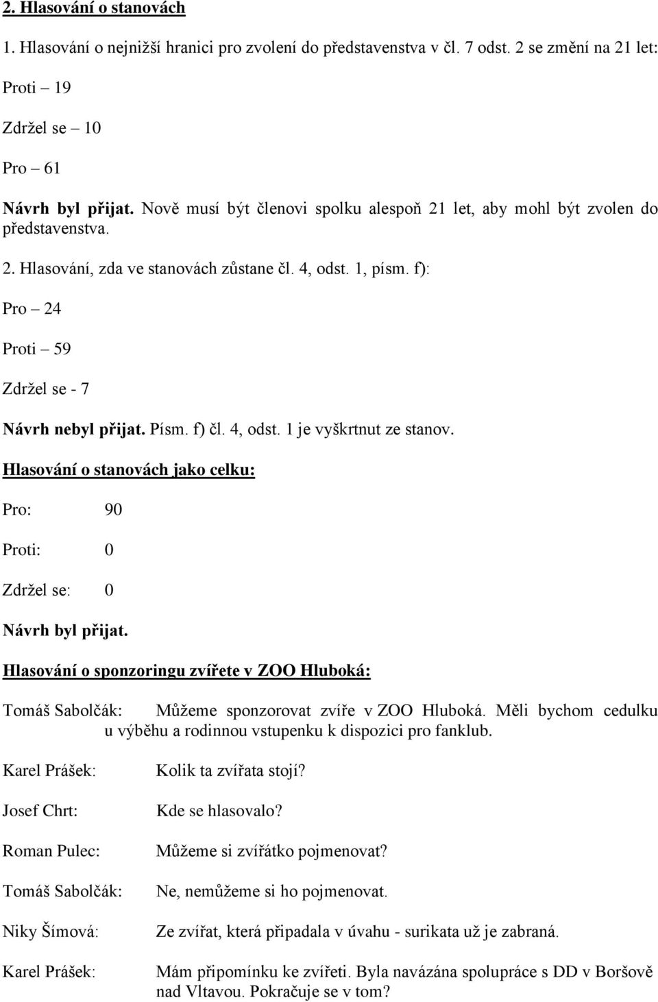 Písm. f) čl. 4, odst. 1 je vyškrtnut ze stanov. Hlasování o stanovách jako celku: Pro: 90 Proti: 0 Zdrţel se: 0 Návrh byl přijat.