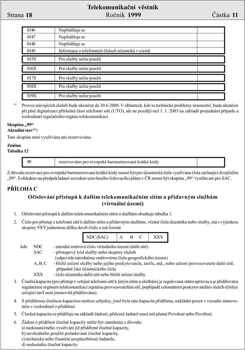 V oblastech, kde to technické problémy neumožní, bude ukonèen pøi plné digitalizaci pøíslušné èásti telefonní sítì (UTO), ale ne pozdìji než 1.