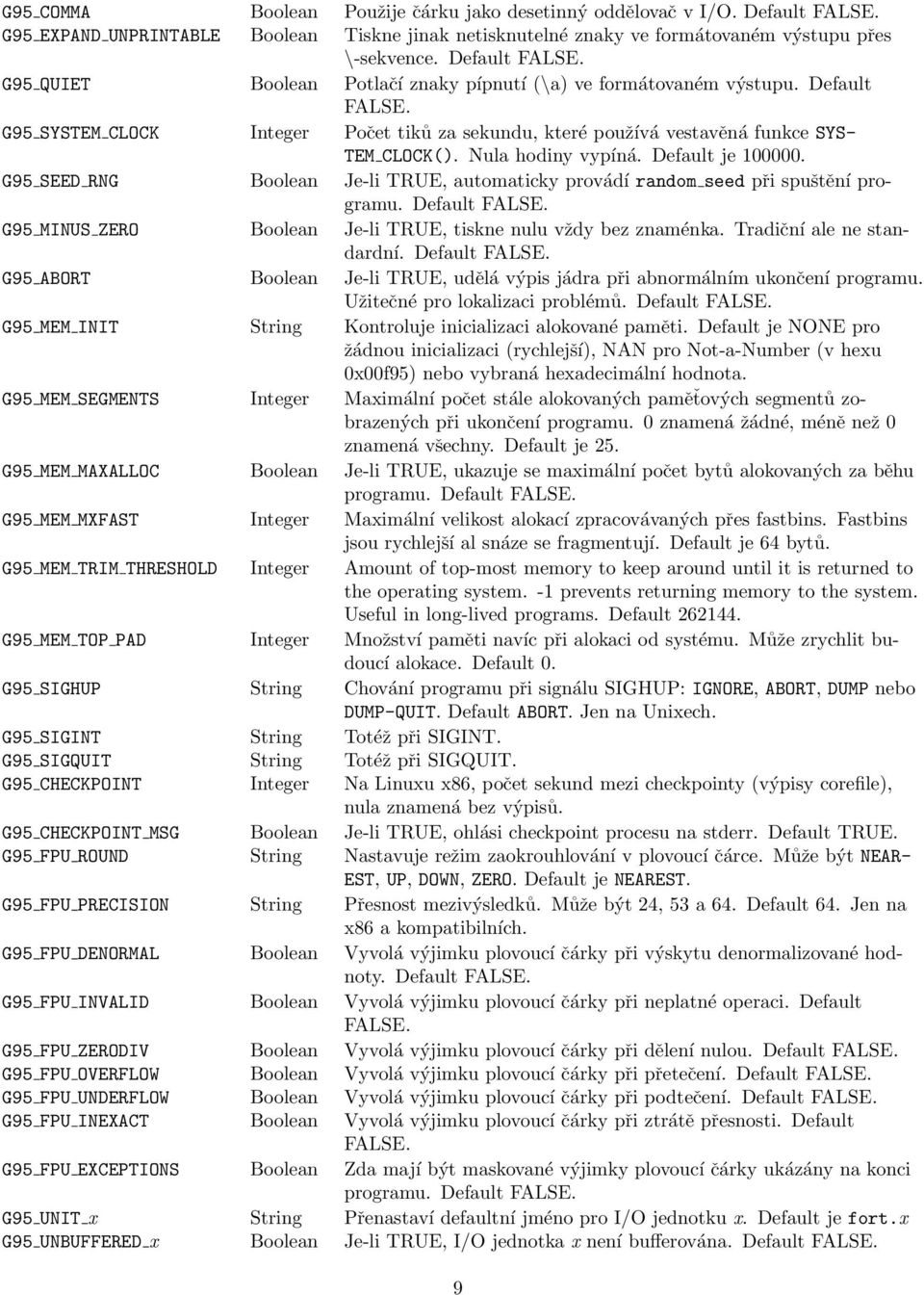 G95 SEED RNG Boolean Je-li TRUE, automaticky provádí random seed při spuštění programu. Default FALSE. G95 MINUS ZERO Boolean Je-li TRUE, tiskne nulu vždy bez znaménka. Tradiční ale ne standardní.