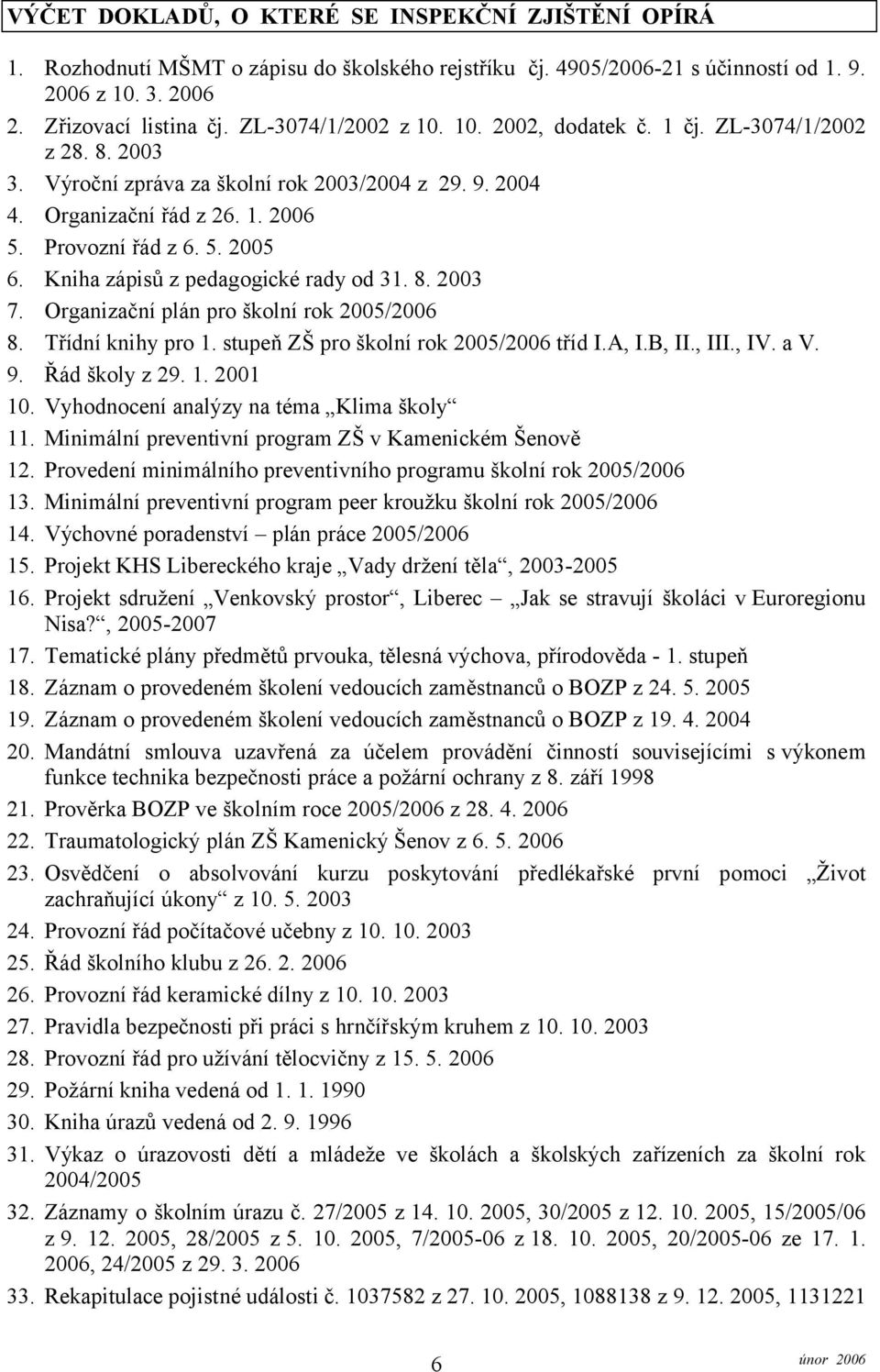 Kniha zápisů z pedagogické rady od 31. 8. 2003 7. Organizační plán pro školní rok 2005/2006 8. Třídní knihy pro 1. stupeň ZŠ pro školní rok 2005/2006 tříd I.A, I.B, II., III., IV. a V. 9.