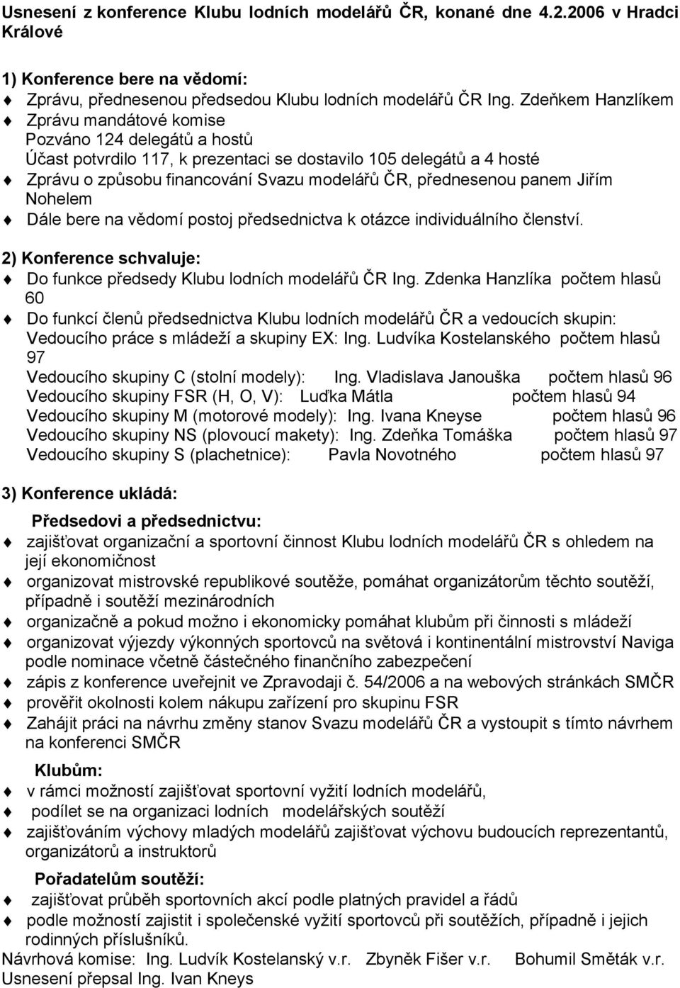 přednesenou panem Jiřím Nohelem Dále bere na vědomí postoj předsednictva k otázce individuálního členství. 2) Konference schvaluje: Do funkce předsedy Klubu lodních modelářů ČR Ing.