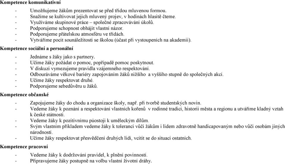 - Vytváříme pocit sounáležitosti se školou (účast při vystoupeních na akademii). Kompetence sociální a personální - Jednáme s žáky jako s partnery.