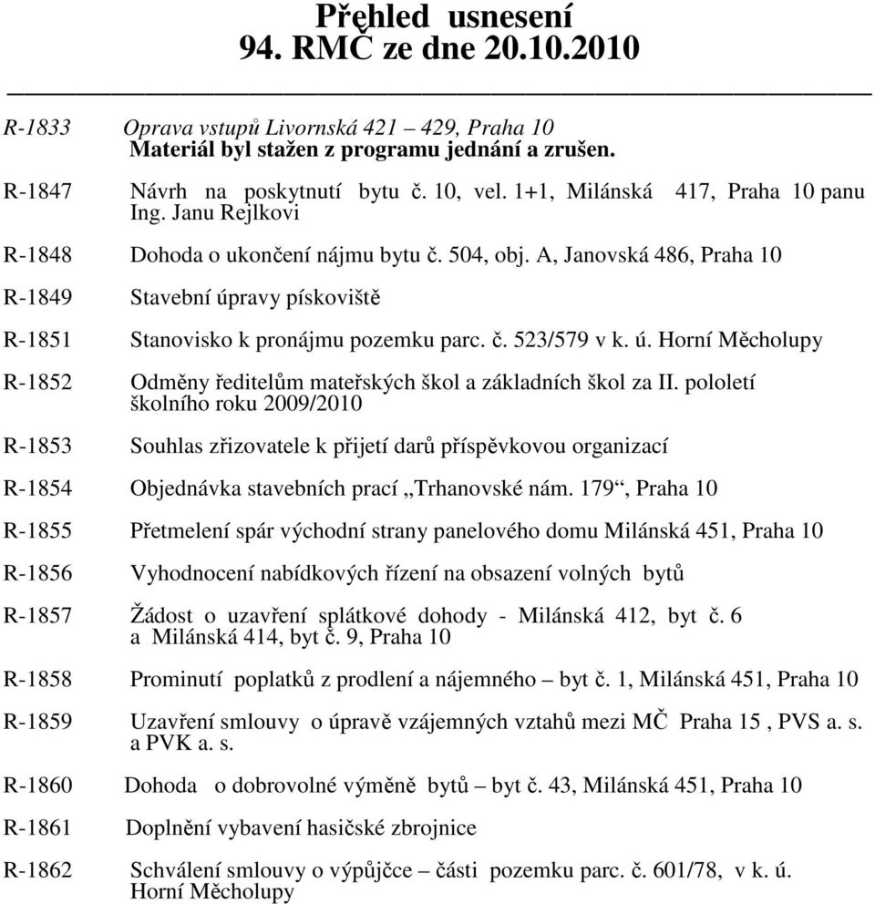 A, Janovská 486, Praha 10 R-1849 Stavební úpravy pískoviště R-1851 Stanovisko k pronájmu pozemku parc. č. 523/579 v k. ú. Horní Měcholupy R-1852 Odměny ředitelům mateřských škol a základních škol za II.