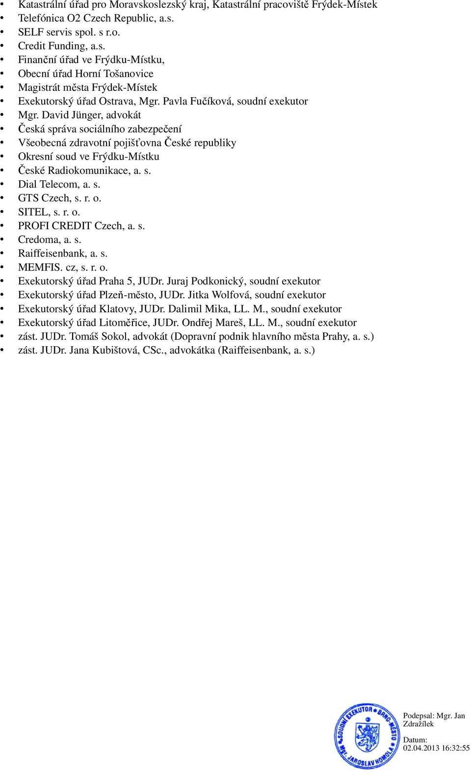 s. GTS Czech, s. r. o. SITEL, s. r. o. PROFI CREDIT Czech, a. s. Credoma, a. s. Raiffeisenbank, a. s. MEMFIS. cz, s. r. o. Exekutorský úřad Praha 5, JUDr.