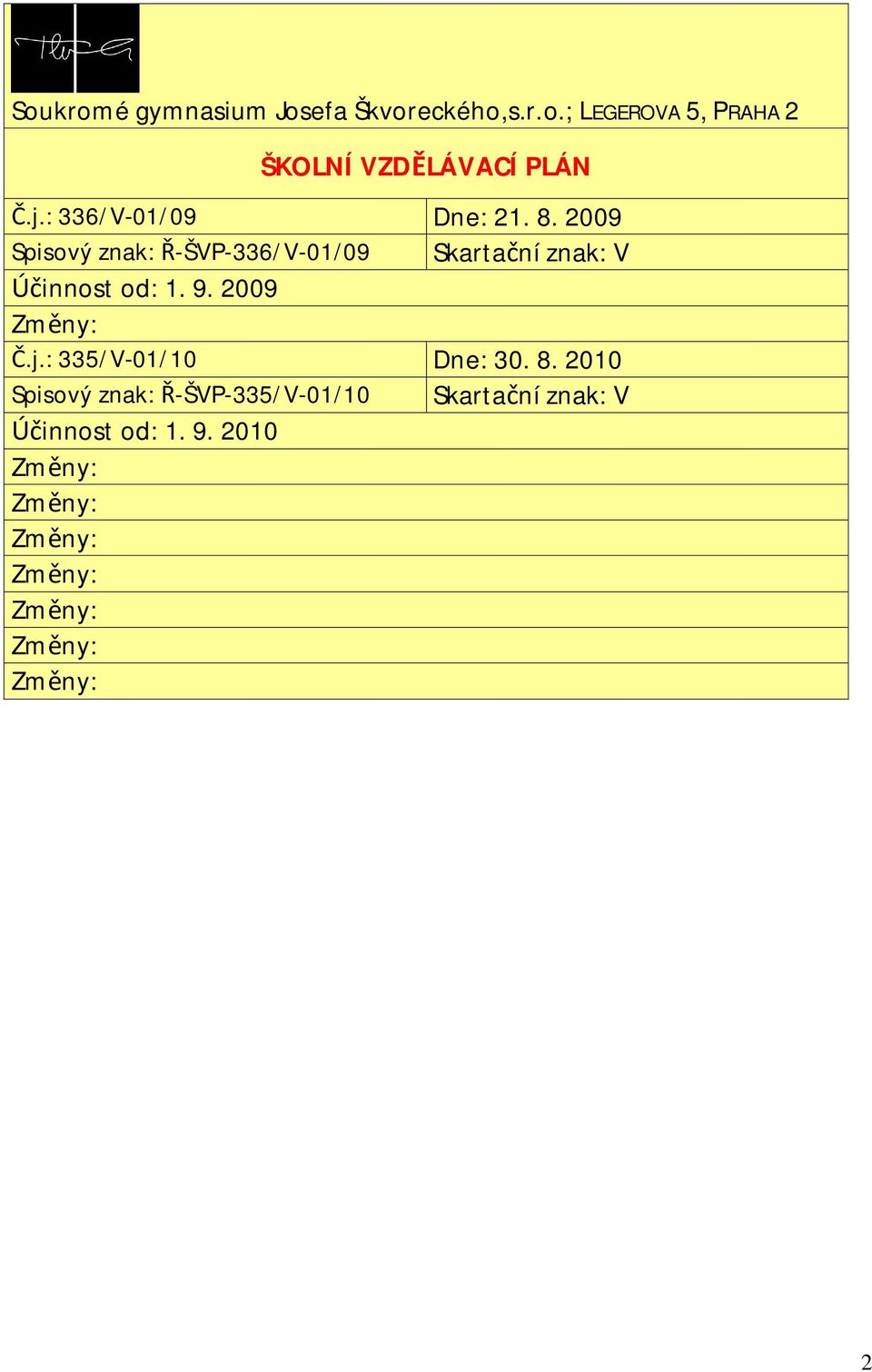 2009 Spisový znak: -ŠVP-336/V-01/09 Skartaní znak: V innost od: 1. 9. 2009 Zmny:.j.