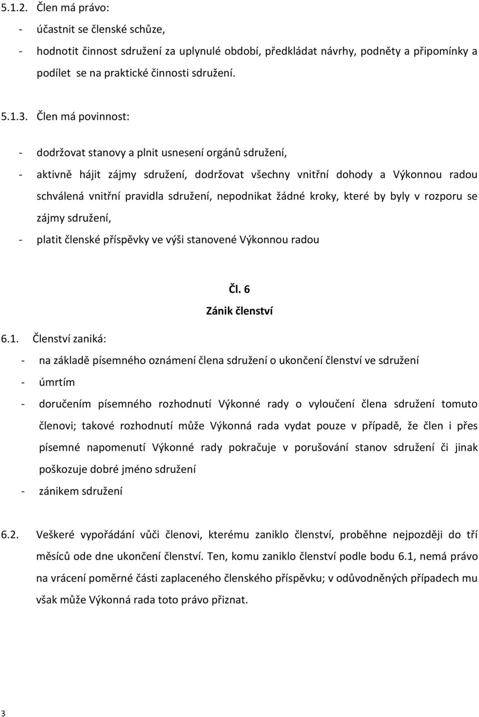 nepodnikat žádné kroky, které by byly v rozporu se zájmy sdružení, - platit členské příspěvky ve výši stanovené Výkonnou radou Čl. 6 Zánik členství 6.1.