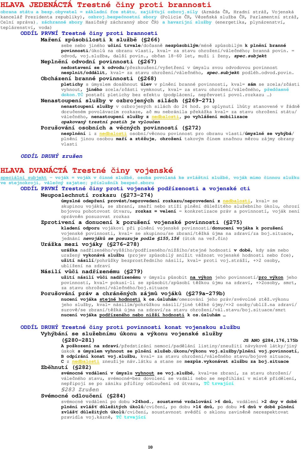 ODDÍL PRVNÍ Trestné činy proti brannosti Maření způsobilosti k službě ( 266) sebe nebo jiného učiní trvale/dočasně nezpůsobilým/méně způsobilým k plnění branné povinnosti/úkolů na obranu vlasti,