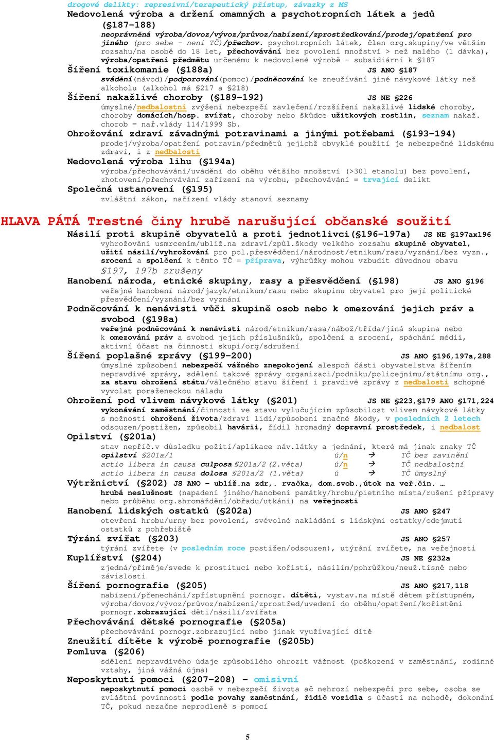 skupiny/ve větším rozsahu/na osobě do 18 let, přechovávání bez povolení množství > než malého (1 dávka), výroba/opatření předmětu určenému k nedovolené výrobě subsidiární k 187 Šíření toxikomanie (