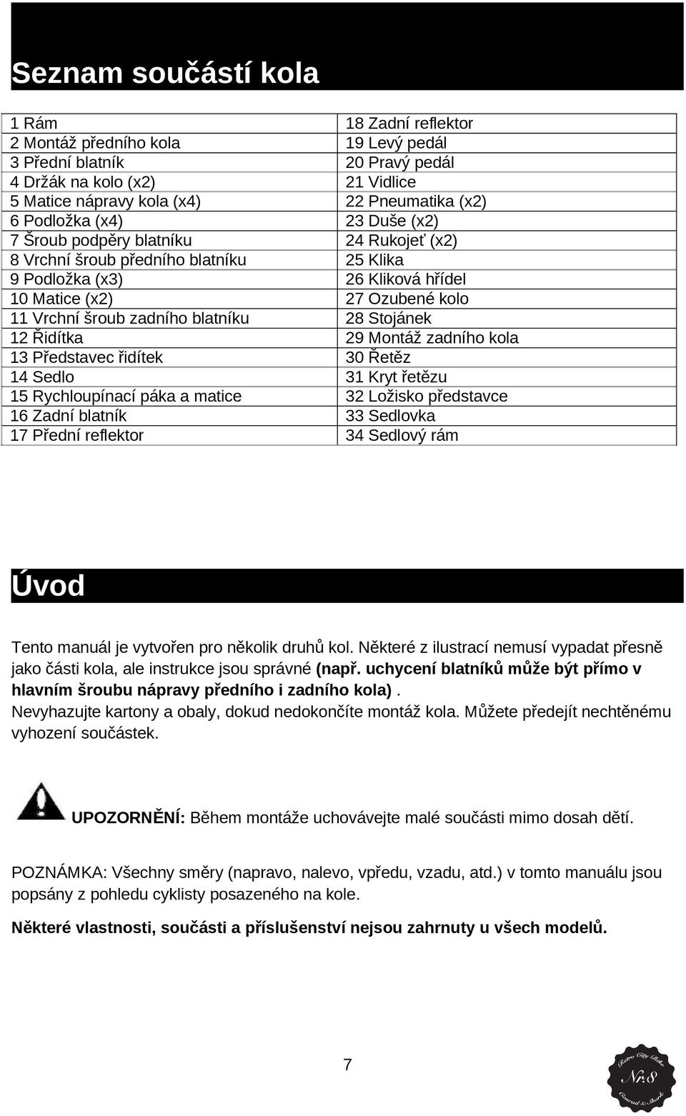 Řidítka 29 Mntáž zadníh kla 13 Představec řidítek 30 Řetěz 14 Sedl 31 Kryt řetězu 15 Rychlupínací páka a matice 32 Lžisk představce 16 Zadní blatník 33 Sedlvka 17 Přední reflektr 34 Sedlvý rám Úvd