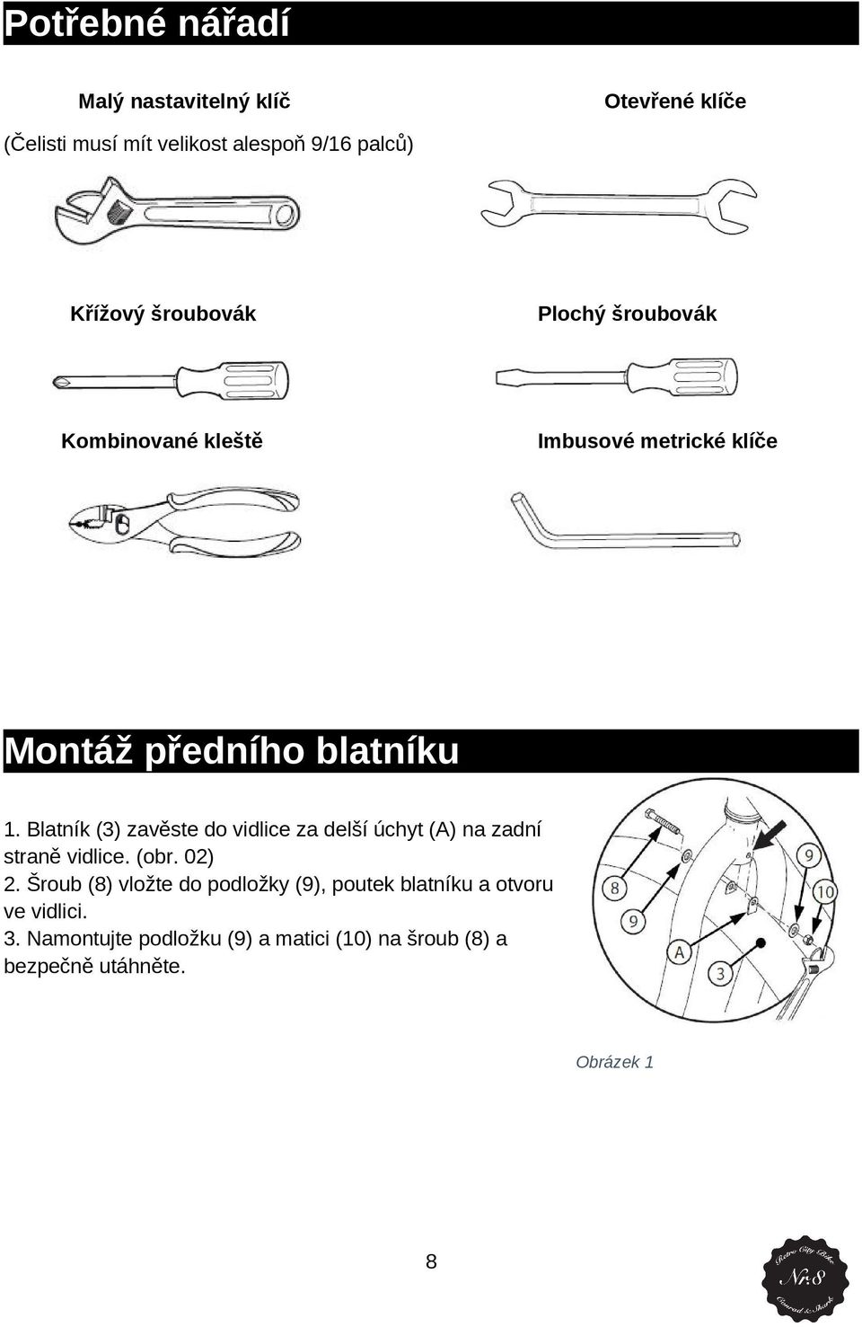 Blatník (3) zavěste d vidlice za delší úchyt (A) na zadní straně vidlice. (br. 02) 2.