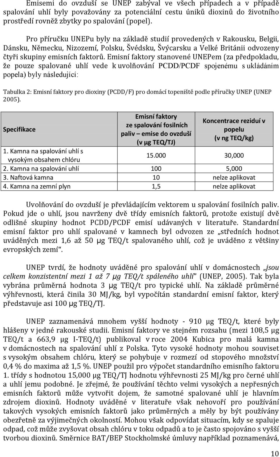 Emisní faktory stanovené UNEPem (za předpokladu, že pouze spalované uhlí vede k uvolňování PCDD/PCDF spojenému s ukládáním popela) byly následující: Tabulka 2: Emisní faktory pro dioxiny (PCDD/F) pro