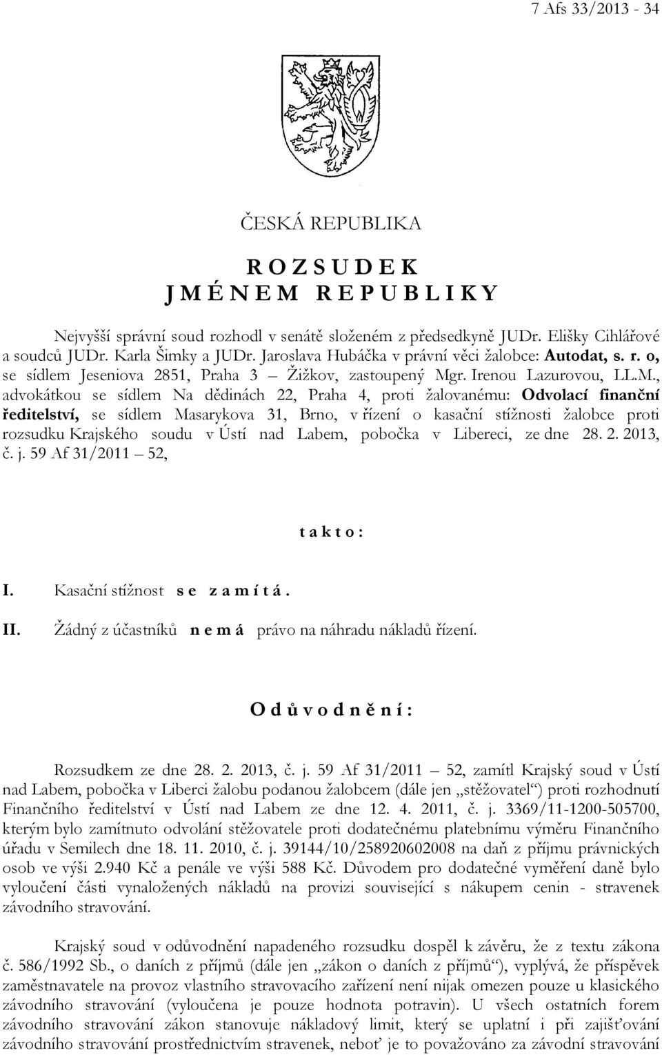 r. Irenou Lazurovou, LL.M.