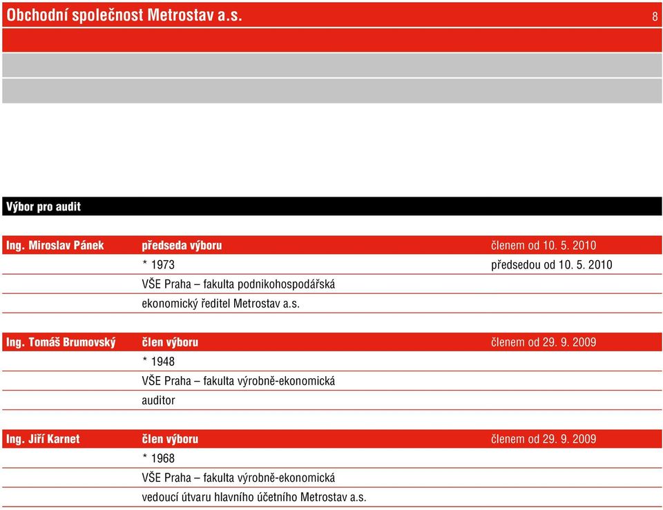 Tomáš Brumovský člen výboru členem od 29. 9. 2009 * 1948 VŠE Praha fakulta výrobně-ekonomická auditor Ing.