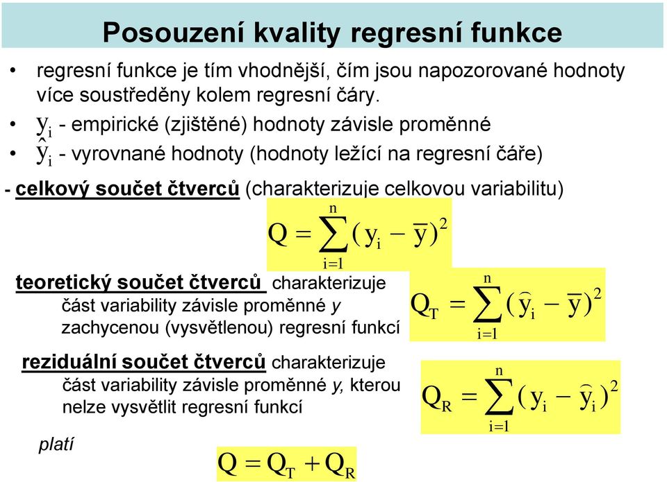 celkovou varabltu) Q ( y y) teoretcký součet čtverců charakterzuje část varablty závsle proměé y zachyceou (vysvětleou) regresí fukcí