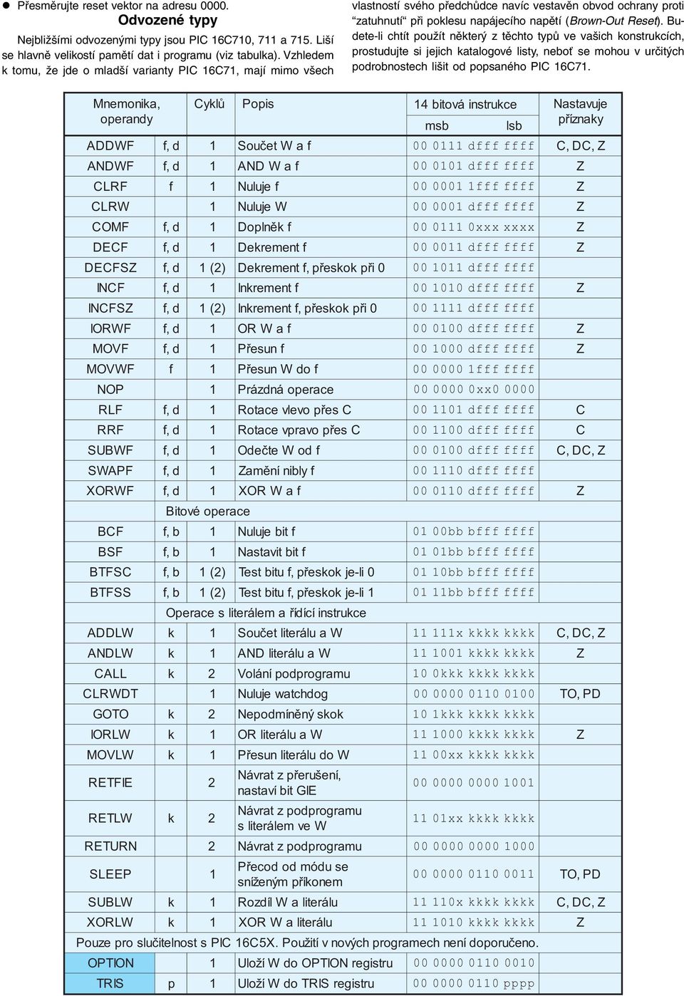 Budete-li chtít použít některý z těchto typů ve vašich konstrukcích, prostudujte si jejich katalogové listy, neboť se mohou v určitých podrobnostech lišit od popsaného PIC 16C71.