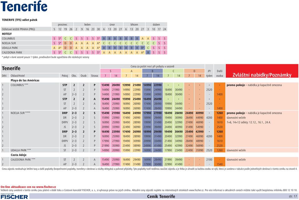 sezoně pouze 1 týden, prodloužení bude vypočítáno dle následující sezony Tenerife Cena za počet nocí při pobytu v sezoně S A B C D JP/ Další Děti Oblast/Hotel Pokoj Obs.