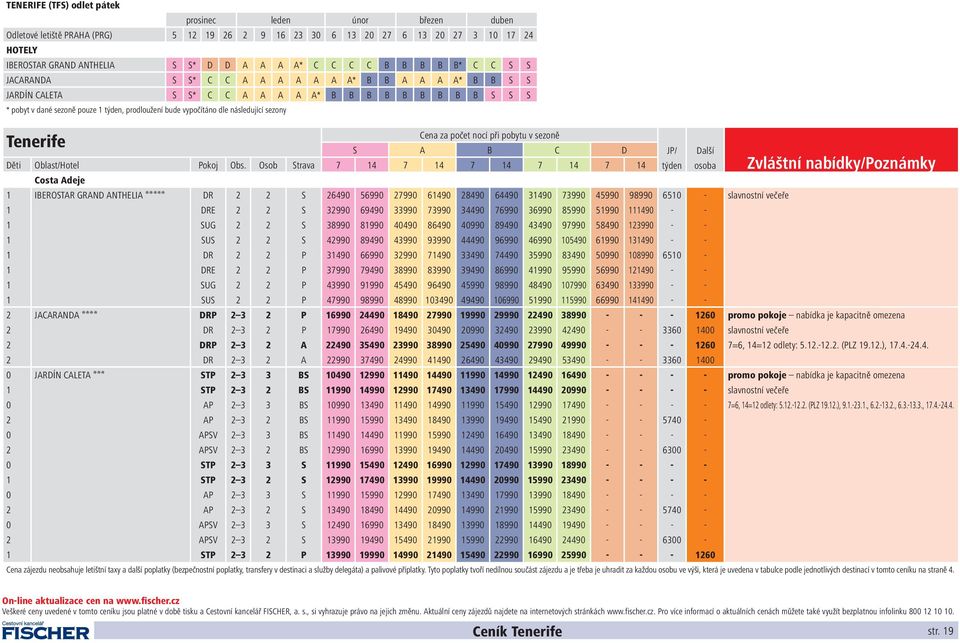 následující sezony Tenerife Cena za počet nocí při pobytu v sezoně S A B C D JP/ Další Děti Oblast/Hotel Pokoj Obs.