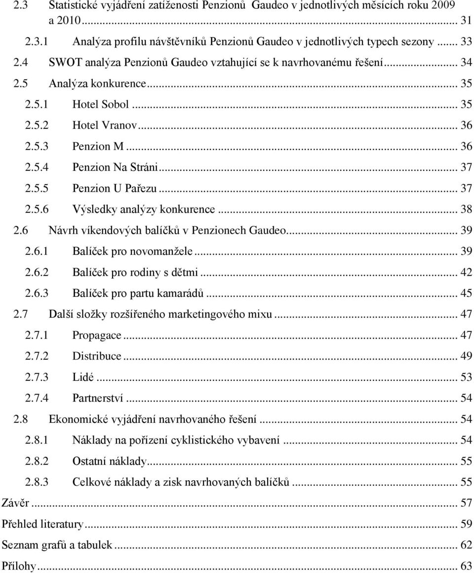 .. 37 2.5.5 Penzion U Pařezu... 37 2.5.6 Výsledky analýzy konkurence... 38 2.6 Návrh víkendových balíčků v Penzionech Gaudeo... 39 2.6.1 Balíček pro novomanžele... 39 2.6.2 Balíček pro rodiny s dětmi.