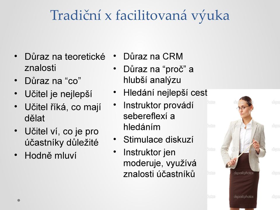 mluví Důraz na CRM Důraz na proč a hlubší analýzu Hledání nejlepší cesty Instruktor