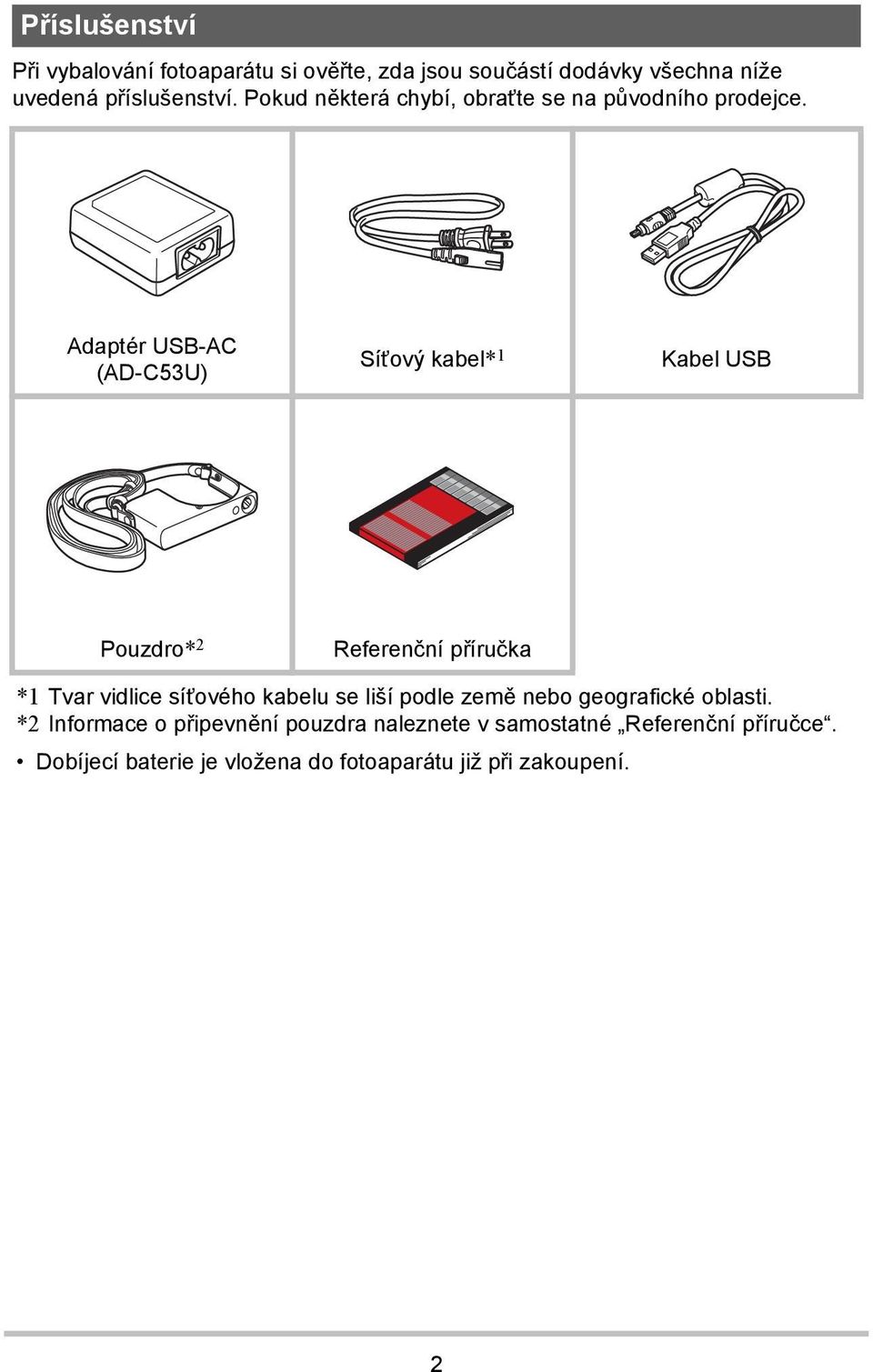 Adaptér USB-AC (AD-C53U) Síťový kabel* 1 Kabel USB Pouzdro* 2 Referenční příručka *1 Tvar vidlice síťového kabelu se