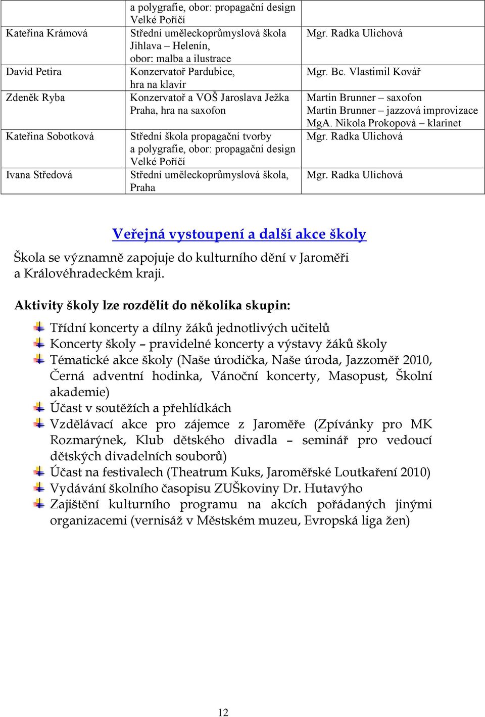 uměleckoprůmyslová škola, Praha Mgr. Radka Ulichová Mgr. Bc. Vlastimil Kovář Martin Brunner saxofon Martin Brunner jazzová improvizace MgA. Nikola Prokopová klarinet Mgr. Radka Ulichová Mgr. Radka Ulichová Veřejná vystoupení a další akce školy Škola se významně zapojuje do kulturního dění v Jaroměři a Královéhradeckém kraji.