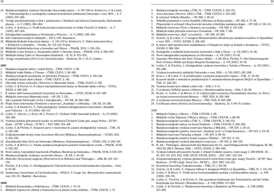 : Profil holocénními svahovinami ve Velké Chuchli (V dolích). A, V (1955): 407 424. 17. Interglaciální malakofauna z Předmostí u Přerova. A, V (1955): 439 454. 18. Klíč československých měkkýšů.