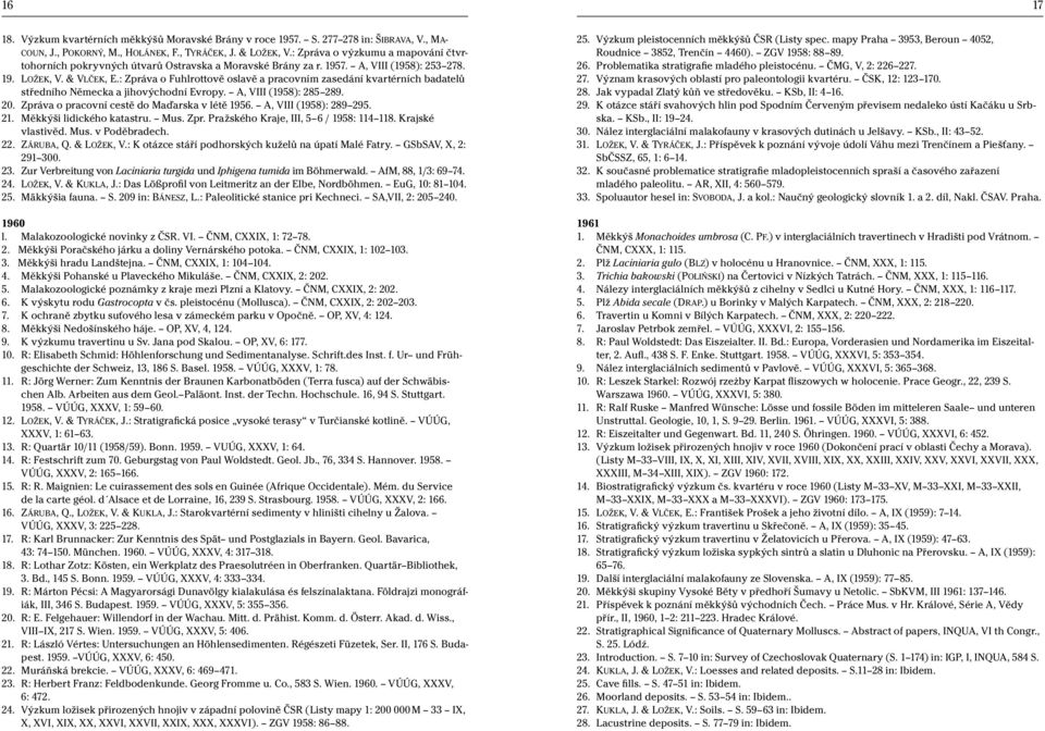 : Zpráva o Fuhlrottově oslavě a pracovním zasedání kvartérních badatelů středního Německa a jihovýchodní Evropy. A, VIII (1958): 285 289. 20. Zpráva o pracovní cestě do Maďarska v létě 1956.