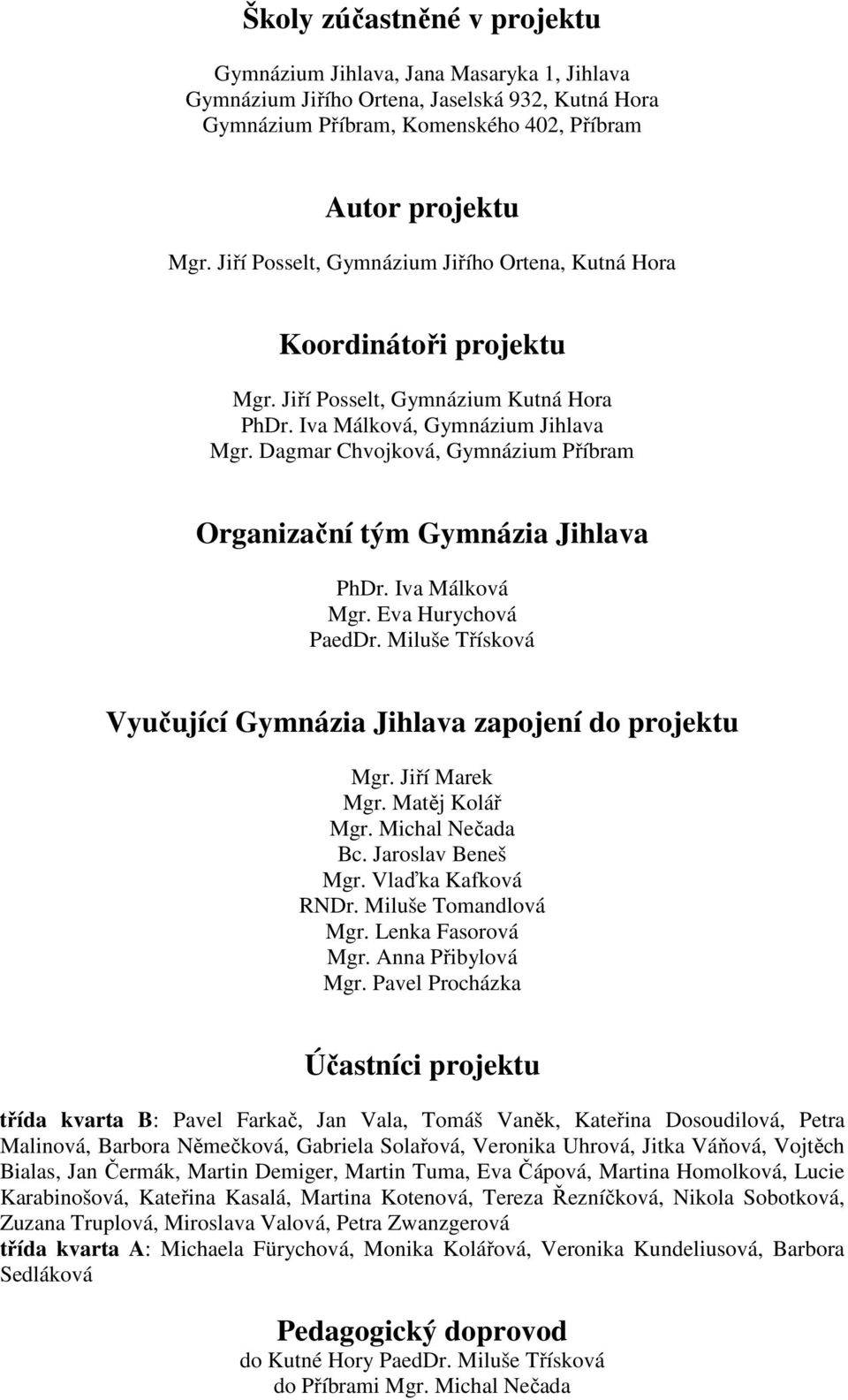 Dagmar Chvojková, Gymnázium Příbram Organizační tým Gymnázia Jihlava PhDr. Iva Málková Mgr. Eva Hurychová PaedDr. Miluše Třísková Vyučující Gymnázia Jihlava zapojení do projektu Mgr. Jiří Marek Mgr.