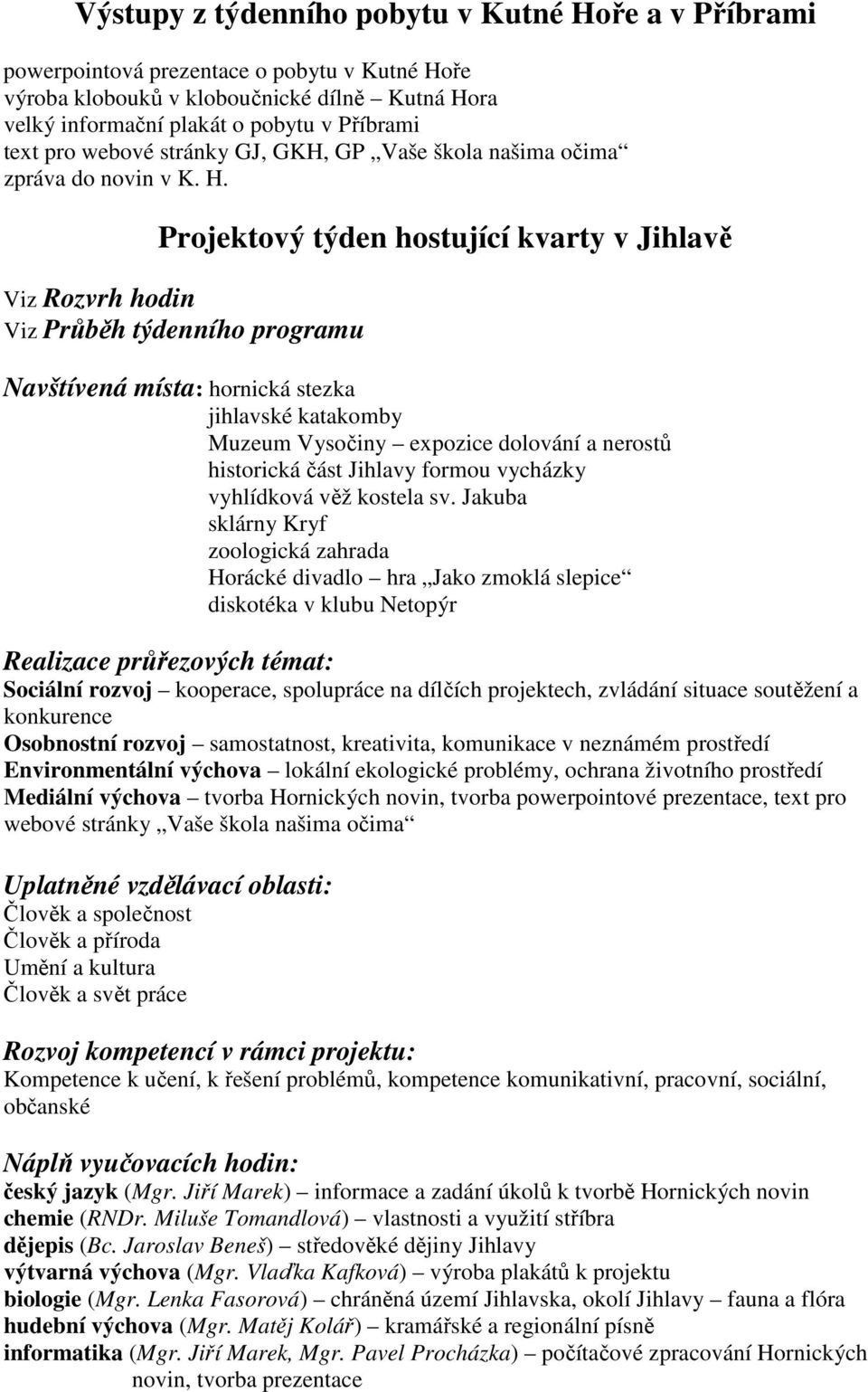 Projektový týden hostující kvarty v Jihlavě Viz Rozvrh hodin Viz Průběh týdenního programu Navštívená místa: hornická stezka jihlavské katakomby Muzeum Vysočiny expozice dolování a nerostů historická